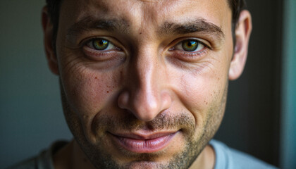 Obraz premium Man with amused look and green eyes in a close up headshot, with copy space
