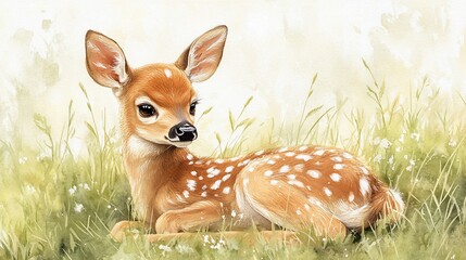 Cute fawn resting in meadow