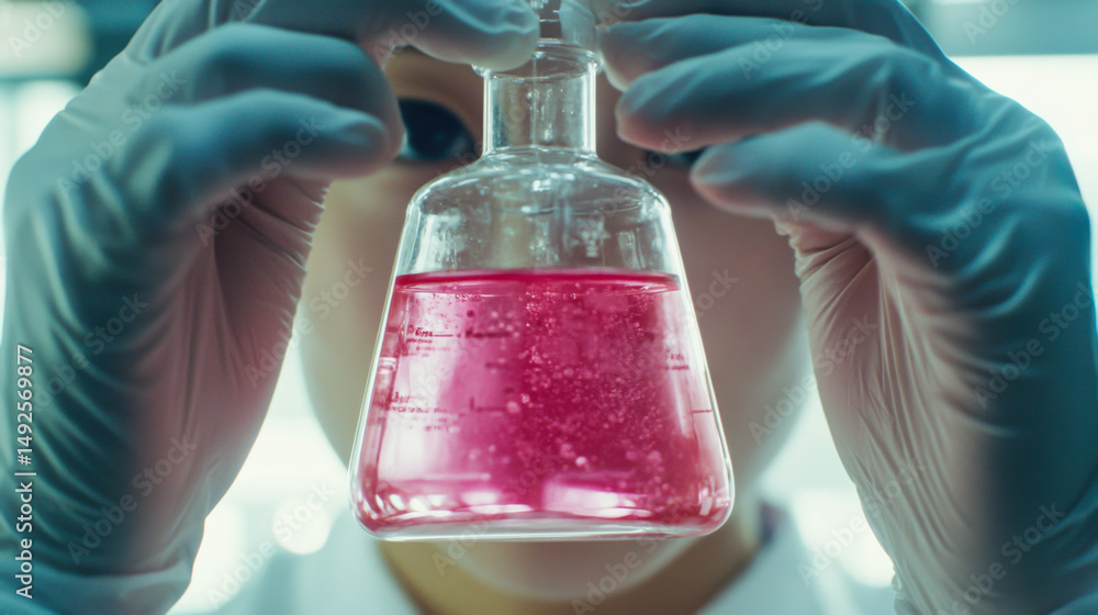Poster scientist examining pink liquid in laboratory flask during research in modern lab setting