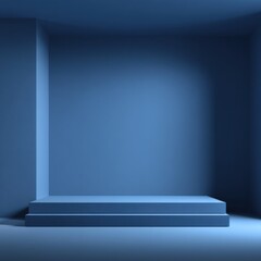 Minimalist blue product display podium in studio setting, clean geometric lines and soft lighting, modern presentation space