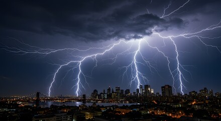 Thunderstorm with Lightning Over City