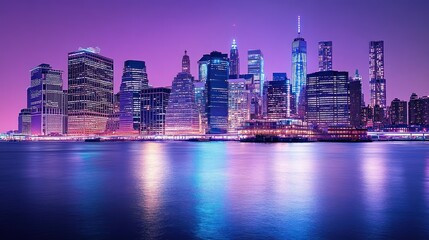 Obraz premium Vibrant city skyline at twilight, reflected in calm water