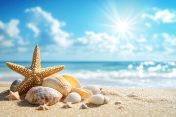Beautiful Scenic View of a Starfish and Various Shells on a Sandy Beach with Soft Ocean Waves and a Bright Sunny Sky in the Background