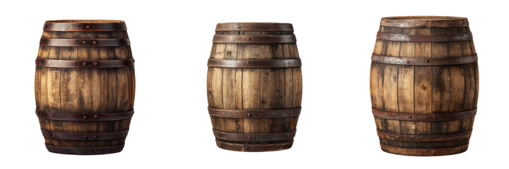 Obraz premium Wooden Barrels for Rustic Decor and Historical Themes Isolated on a Transparent Background