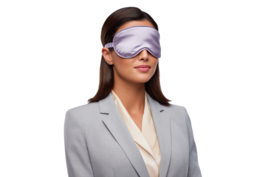 Professional woman in grey suit wearing lavender sleep mask, isolated on transparent background