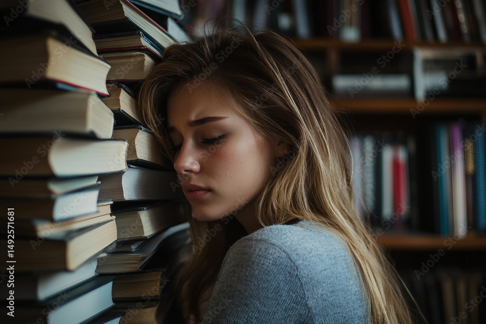 Poster group of students reading books in library while preparing for exam or test session, focused learnin