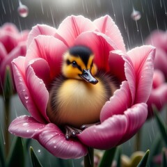 Close up of a pink tulip with a cute  duckling sitting inside the flower ~ Ai