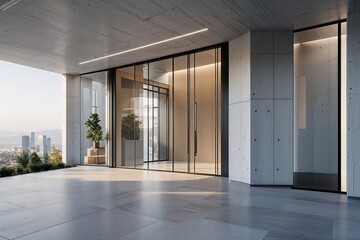 Obraz premium Sleek Minimalist Commercial Office Entrance with Streamlined Structure and Exposed Surfaces
