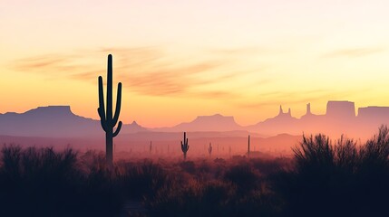 Desert landscape at sunset silhouette of cacti and rock formations against warm sky