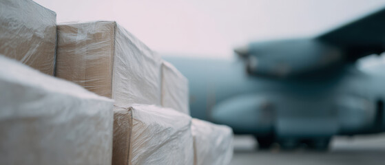 Humanitarian aid supplies wrapped in plastic near large cargo aircraft