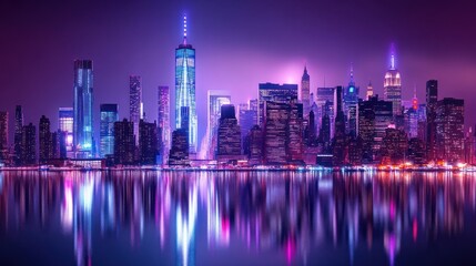 Fototapeta premium Vibrant cityscape at night, reflected in calm water (1)