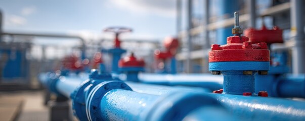 Blue industrial pipes with red valve in row
