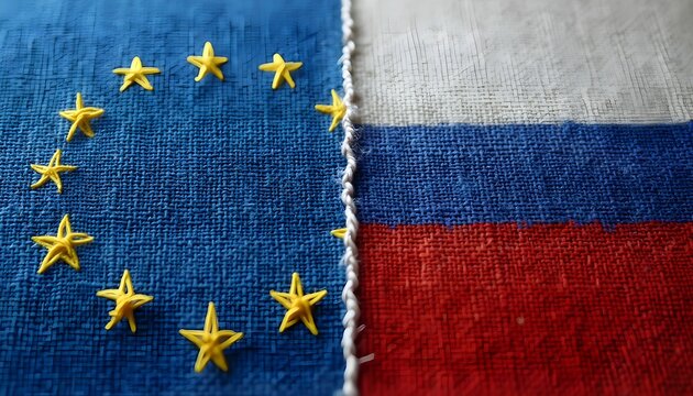 European Union and Russia flags side by side, highlighting political relations and cultural connections in contemporary discussions about diplomacy and unity Generative AI