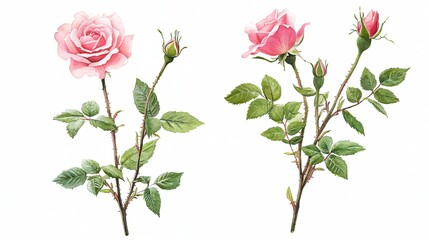 Fototapeta premium Beautiful Pink Roses Watercolor Painting Botanical Illustration Floral Design Elegant Nature Spring Flowers Romantic 