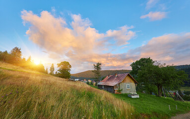 Wooden House on Hill Sunset Sky