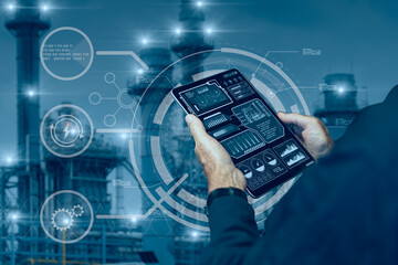 Smart industry 4.0 management software control system concept. Engineer online monitor refinery petroleum chemical plant