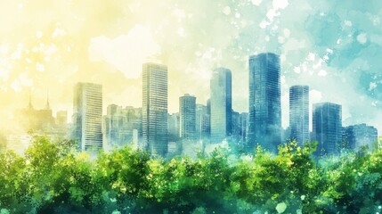 Obraz premium Tranquil Watercolor Cityscape at Sunrise with Lush Greenery