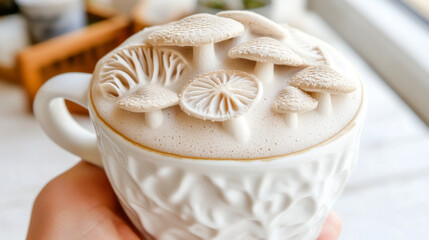 Latte art featuring a mushroom design in coffee cup on wooden table