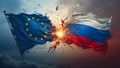 Conflict between European Union and Russia represented through clashing flags in a dramatic scene of explosive tension Generative AI