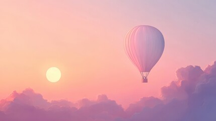 Obraz premium Hot air balloon floats above pink clouds during sunset.