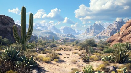 Desert landscape cacti mountains bright sky