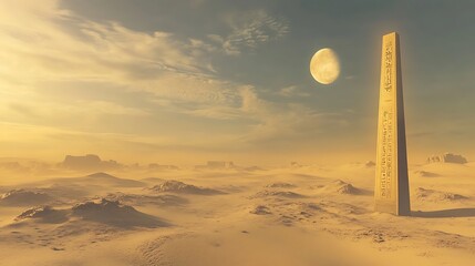 Desert landscape featuring ancient monolith under cloudy sky