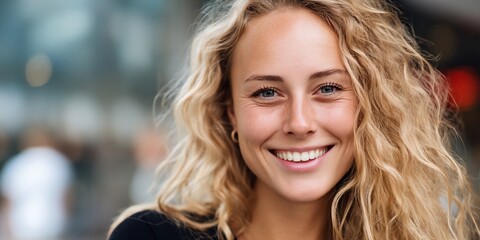 Obraz premium Woman smiling outdoors, city background, portrait, use for social media or website