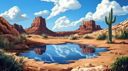 Desert landscape featuring rock formations water body and clear blue sky