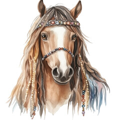 Hippie horse in sunglasses with hippie love beads. Png, isolated element with transparent background. Fashion animal, artwork for tshirt, poster, wallpaper, print