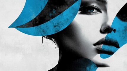 Monochrome portrait with vibrant teal accents, abstract shapes overlaying a woman's face