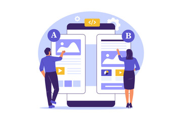 Flat Illustration of A/B Testing Interface in UI/UX Design. Illustrations for websites, landing pages, mobile apps, posters and banners