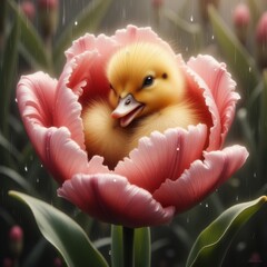 Pink tulips with a baby duckling in it  Ai