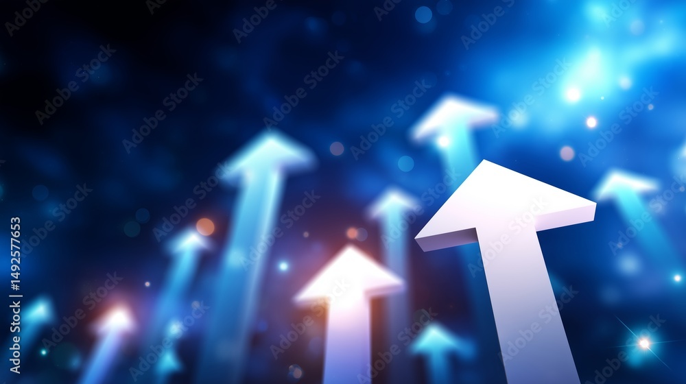 Poster dynamic upward arrows symbolize growth and progress in a digital landscape filled with vibrant color