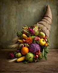 Cornucopia of autumn harvest bounty still life on rustic wood table top angle view Thanksgiving holiday