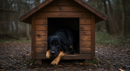 Dog in Doghouse During Rainy Weather