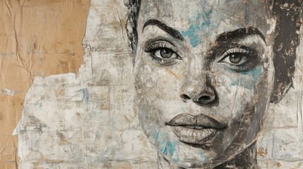 Fototapeta premium A captivating portrait of a woman, rendered in grayscale with hints of teal, set against a textured background of layered papers