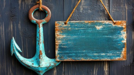 Rustic wooden sign and antique anchor hanging on dark wood.
