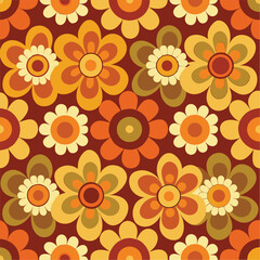 Seamless 70s style retro flower print vector illustration. Vintage floral pattern with bold colors and groovy shapes

