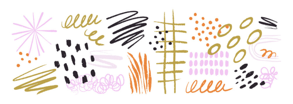 Abstract scribbles and doodle design elements set. Hand-drawn decorations, dots, creative lines, blobs and freehand grid, spontaneous textures. Flat vector illustration isolated on white background