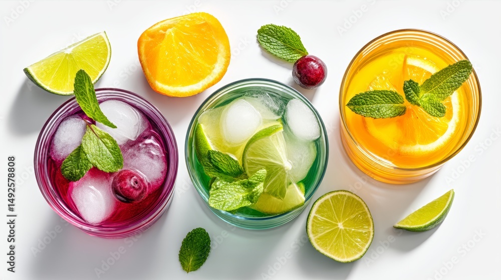 Poster three colorful drinks with ice and limes in the middle. the drinks are arranged in a row, with the f