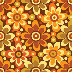 Seamless 70s style retro flower print vector illustration. Vintage floral pattern with bold colors and groovy shapes

