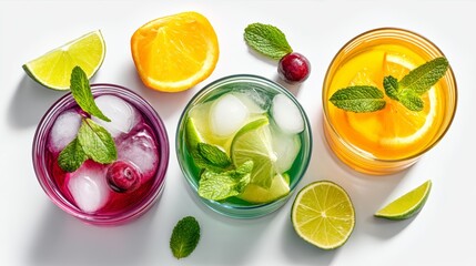 Three colorful drinks with ice and limes in the middle. The drinks are arranged in a row, with the first drink being purple