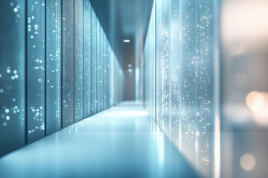 Modern server room interior, lit by cool blue light