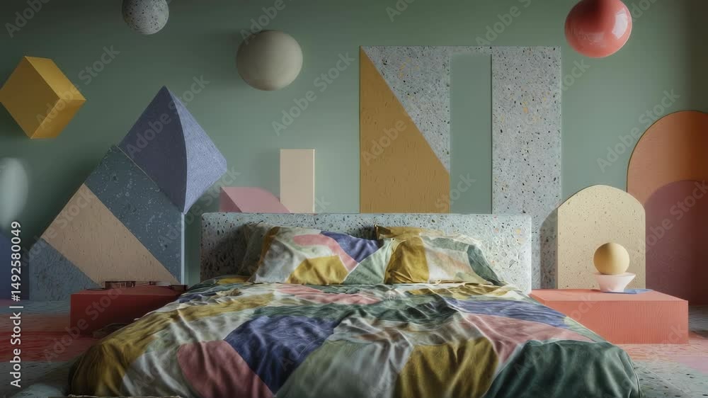 Poster modern bedroom interior featuring soft pastel palette and geometric shapes, with dynamic lighting il