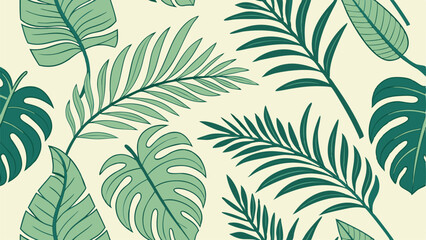 Seamless tropical leaf vector pattern. Exotic foliage design with repeating palm leaves, jungle style, vibrant green

