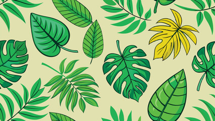 Seamless tropical leaf vector pattern. Exotic foliage design with repeating palm leaves, jungle style, vibrant green

