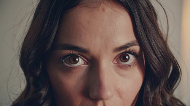 Young brunette woman displaying profound anticipation. Gazing intently with concentrated brown eyes. Revealing deep emotional tension and expectant curiosity through nuanced facial expression