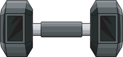 Vector illustration of a hexagonal dumbbell with solid rubber-coated ends and a metal grip handle, commonly used for strength and resistance training.