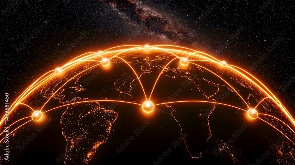 Poster the image shows a stylized earth at night, with glowing orange lines connecting various points acros