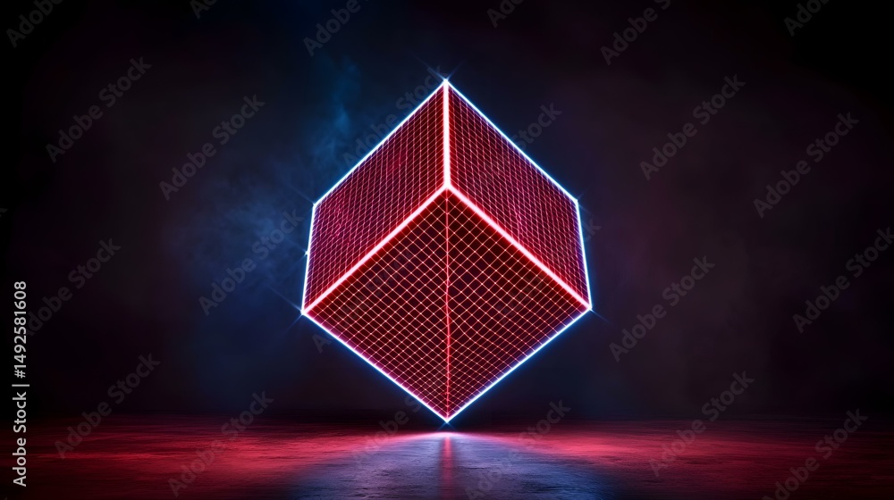 Poster a red and blue neon wireframe cube floats in a dark, smoky environment, casting a reflection on a si